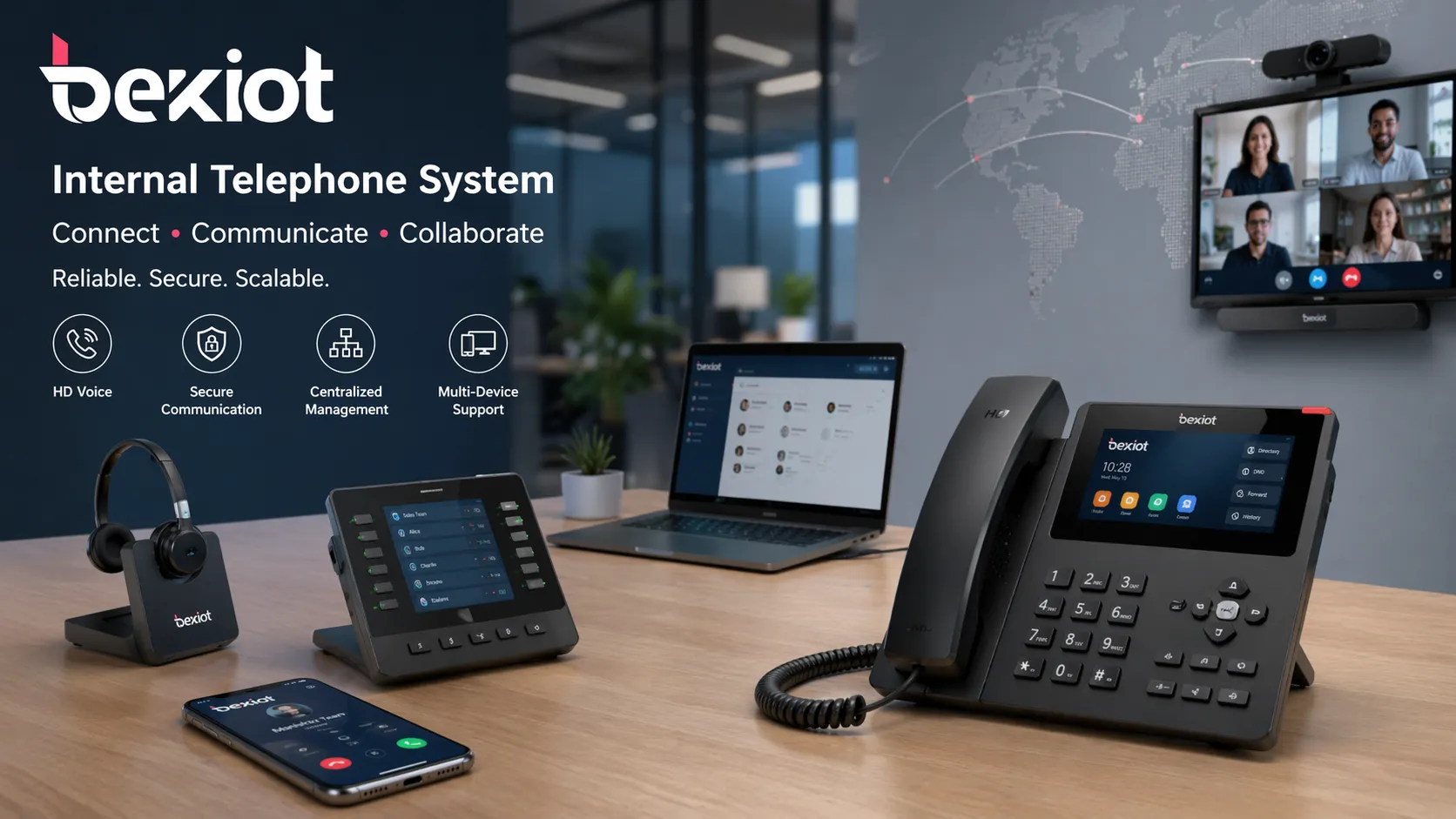 Internal telephone system connecting office desk phones and enterprise communication endpoints