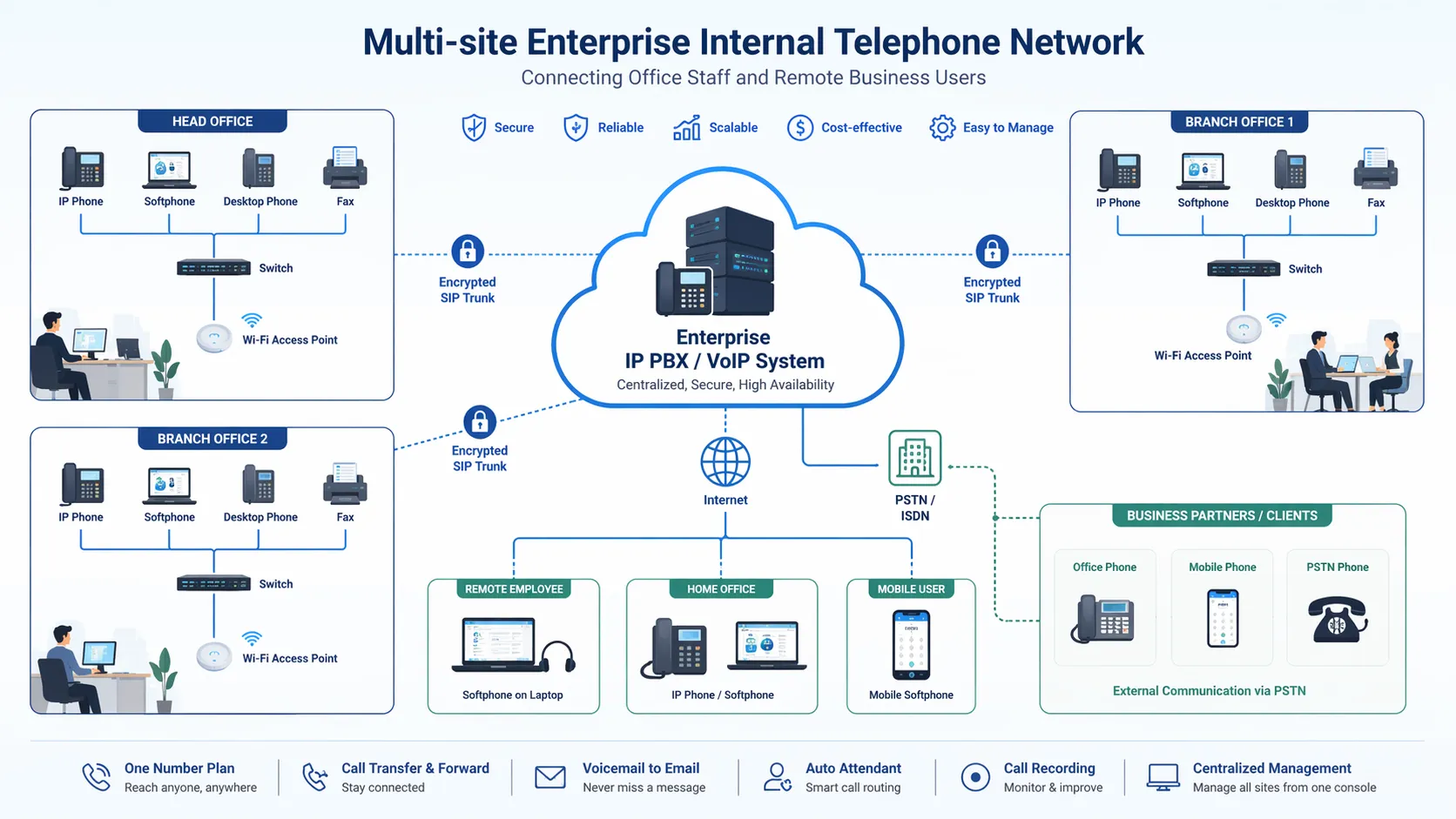 Multi-site enterprise internal telephone network connecting office staff branch users and remote teams