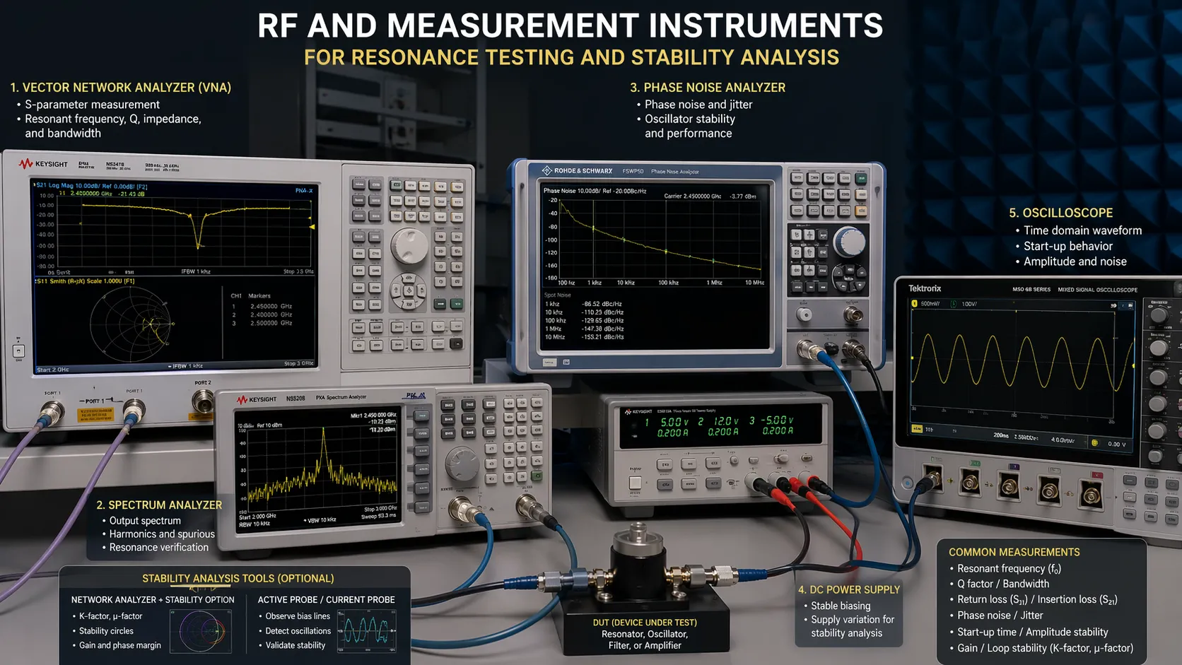 RF measurement instruments used for LC resonance testing and stability analysis
