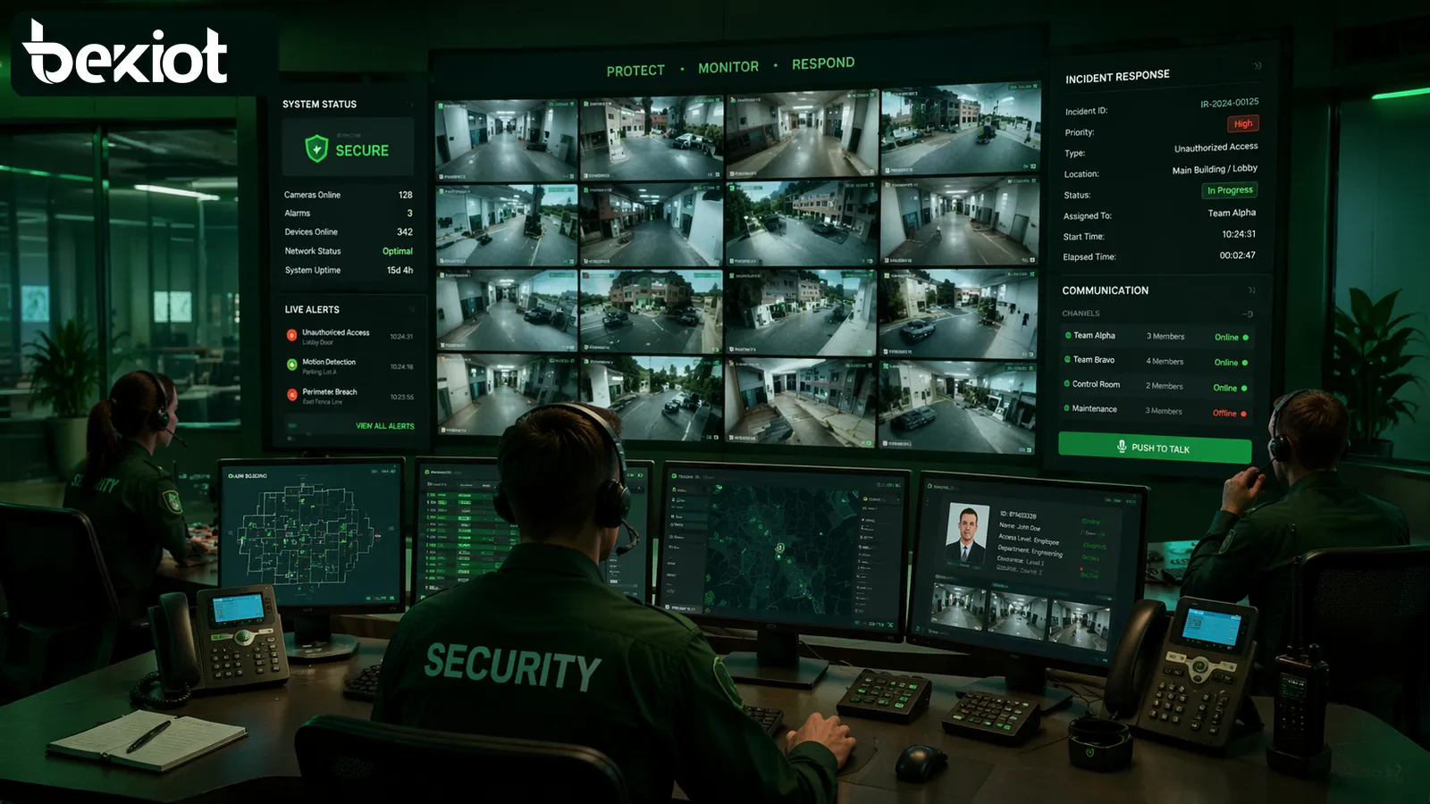 Security control room with surveillance screens and integrated communication systems for incident response