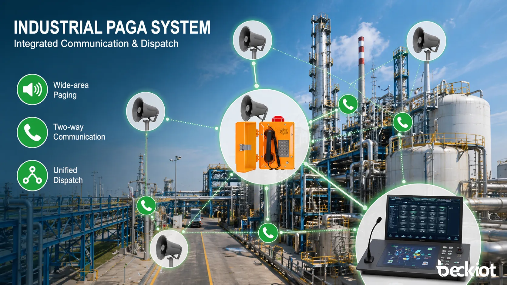 Industrial PAGA system across a plant with loudspeakers telephony and dispatch integration