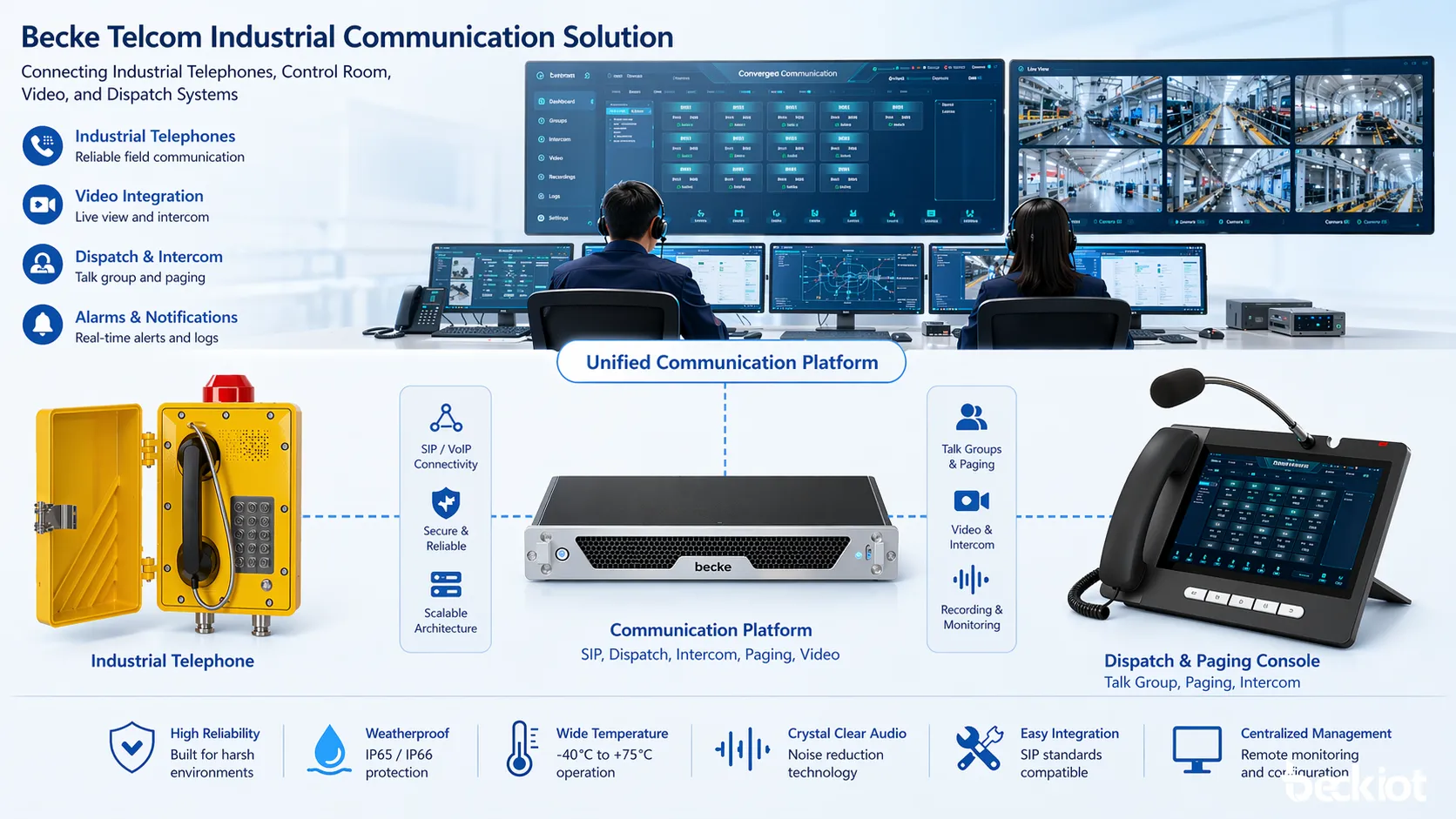 Becke Telcom industrial communication solution linking industrial telephones with control room video and dispatch systems
