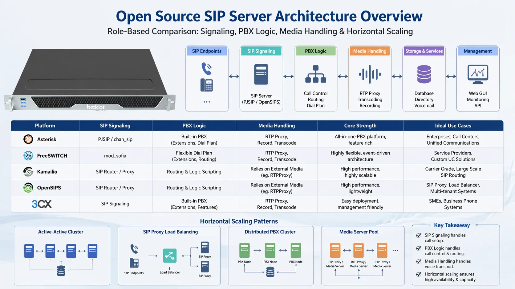 Architectural comparison of open source SIP server roles including SIP signaling PBX logic media handling and horizontal scaling patterns