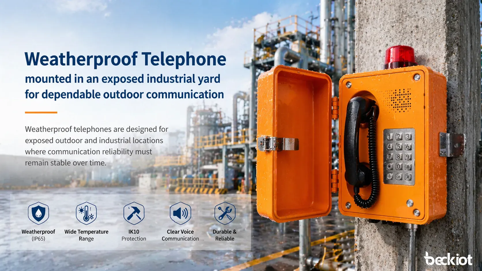 Weatherproof telephone installed in an exposed industrial outdoor area for reliable field communication