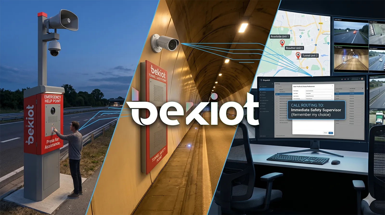 Roadside and tunnel emergency call box system connected to a highway monitoring center with cameras speakers and dispatch software