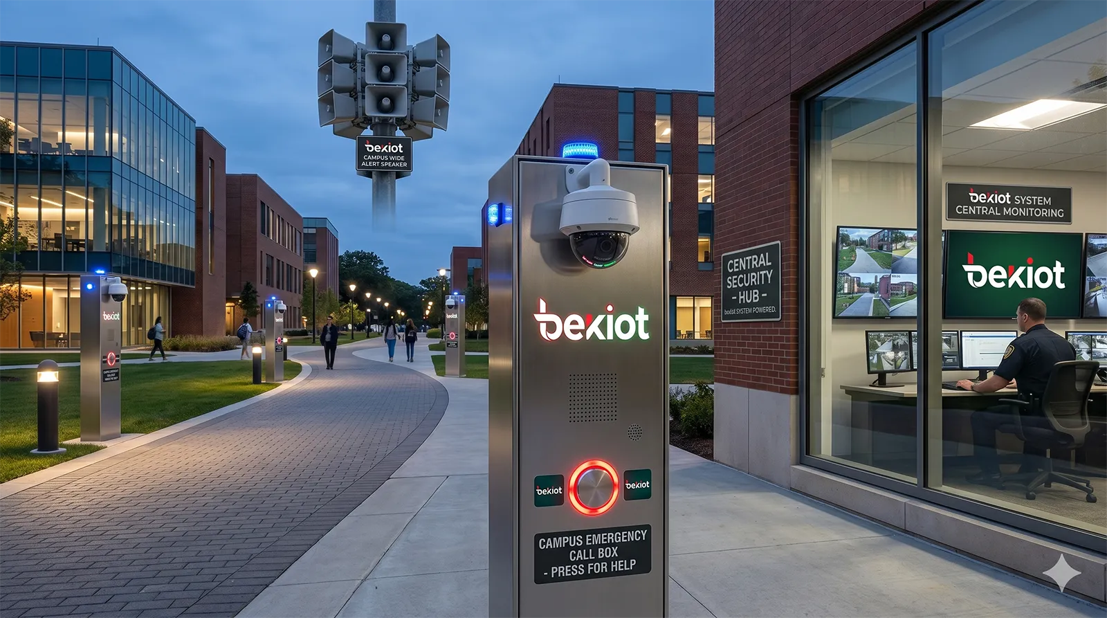 Emergency call box system deployed across a campus walkway with help points cameras speakers and a central security room