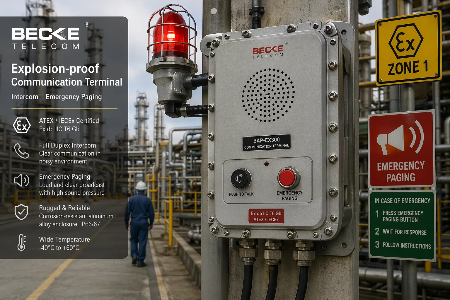 Becke Telcom explosion-proof communication terminal installed in a hazardous industrial area for intercom and emergency paging