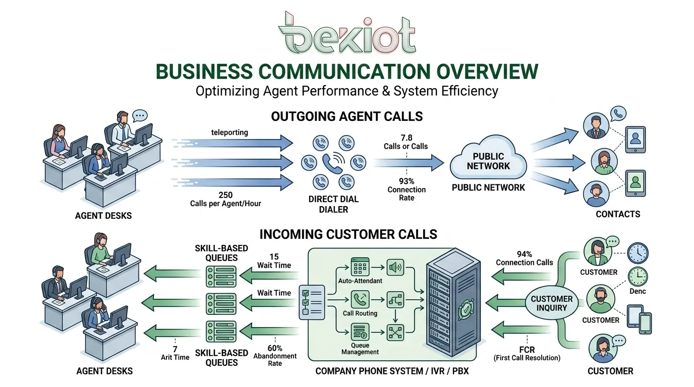 Business communication overview showing outgoing calls from agents and incoming calls routed through a company phone system