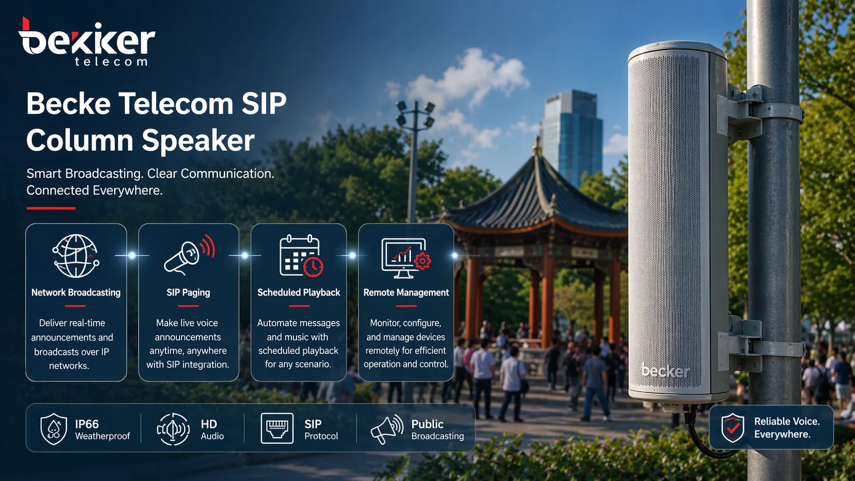 Becke Telcom SIP column speaker features including network broadcasting SIP paging scheduled playback and remote management