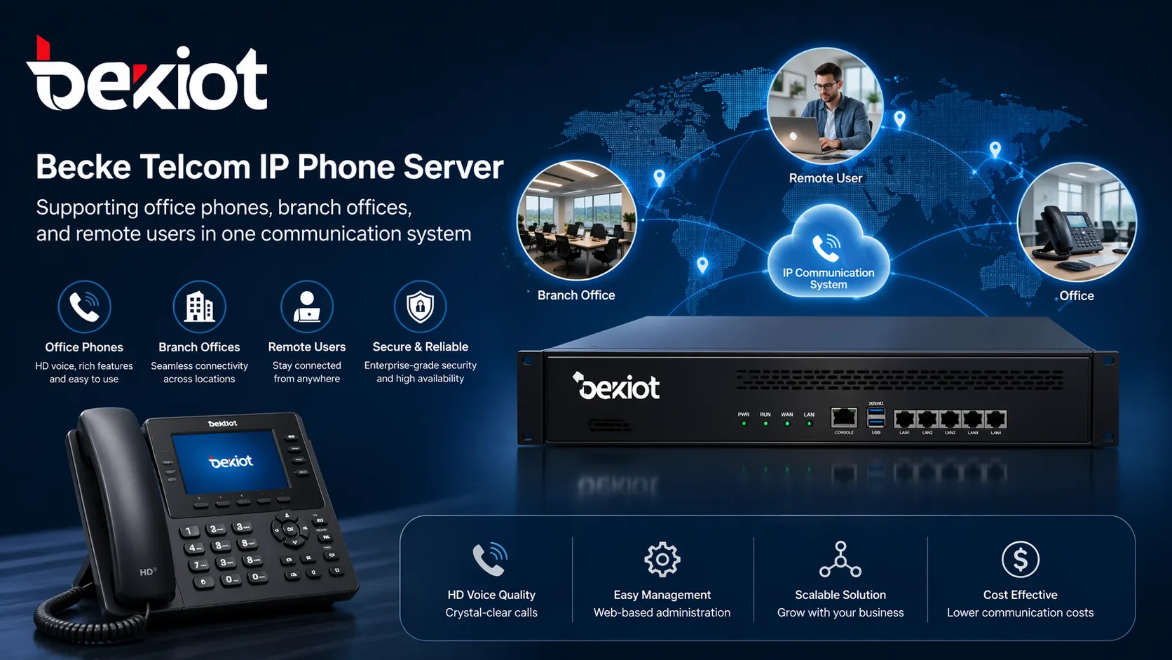 Becke Telcom IP phone server supporting office phones branch offices and remote users in one communication system