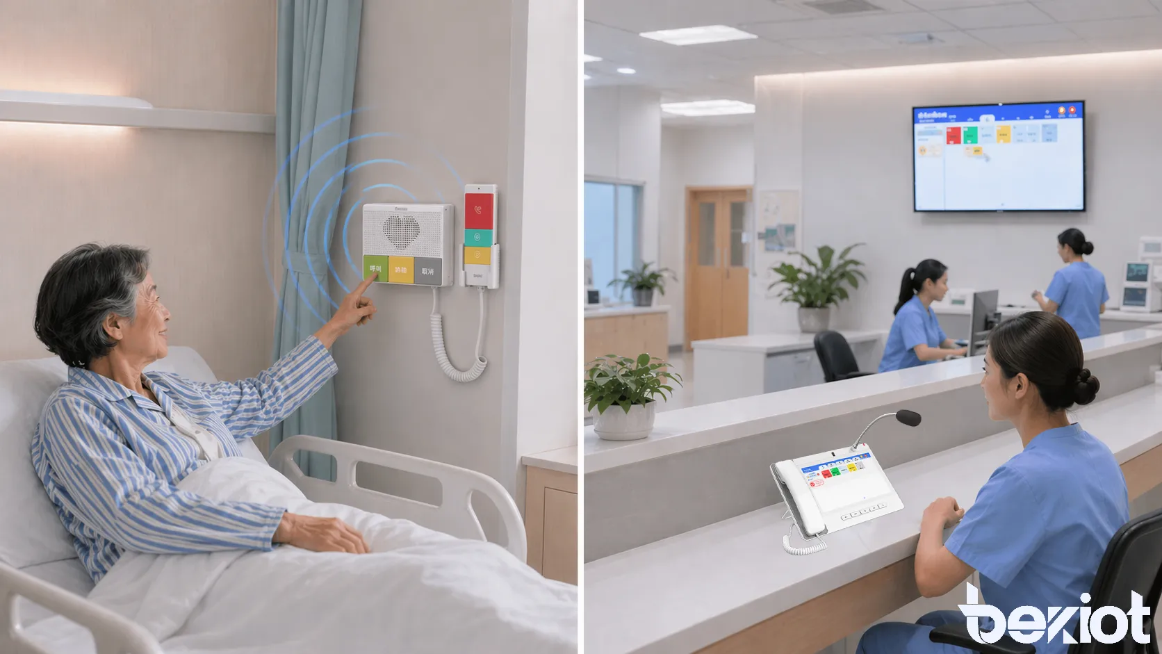 Hospital call system connecting patient rooms nurse stations corridor indicators and internal communication terminals