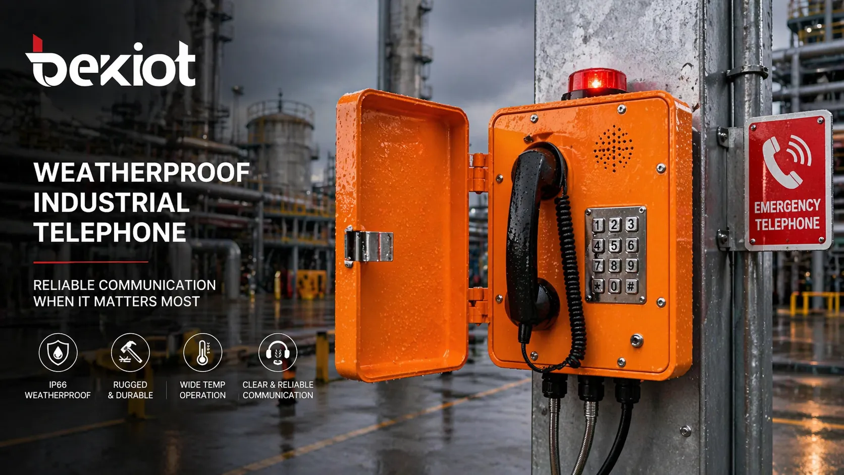 Weatherproof industrial telephone installed at an outdoor industrial site for emergency communication