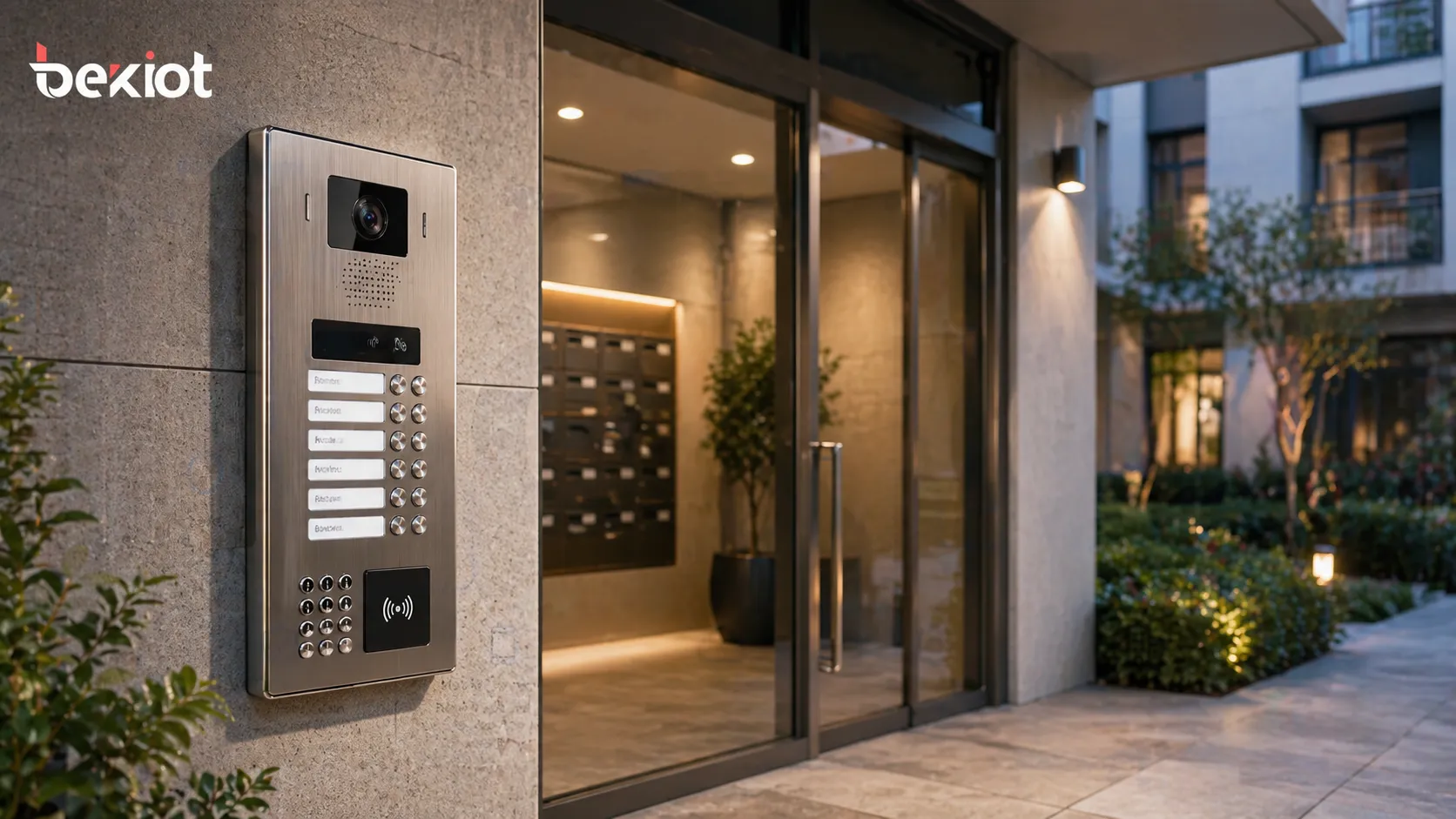 Wall intercom installed at a multi-tenant apartment building entrance