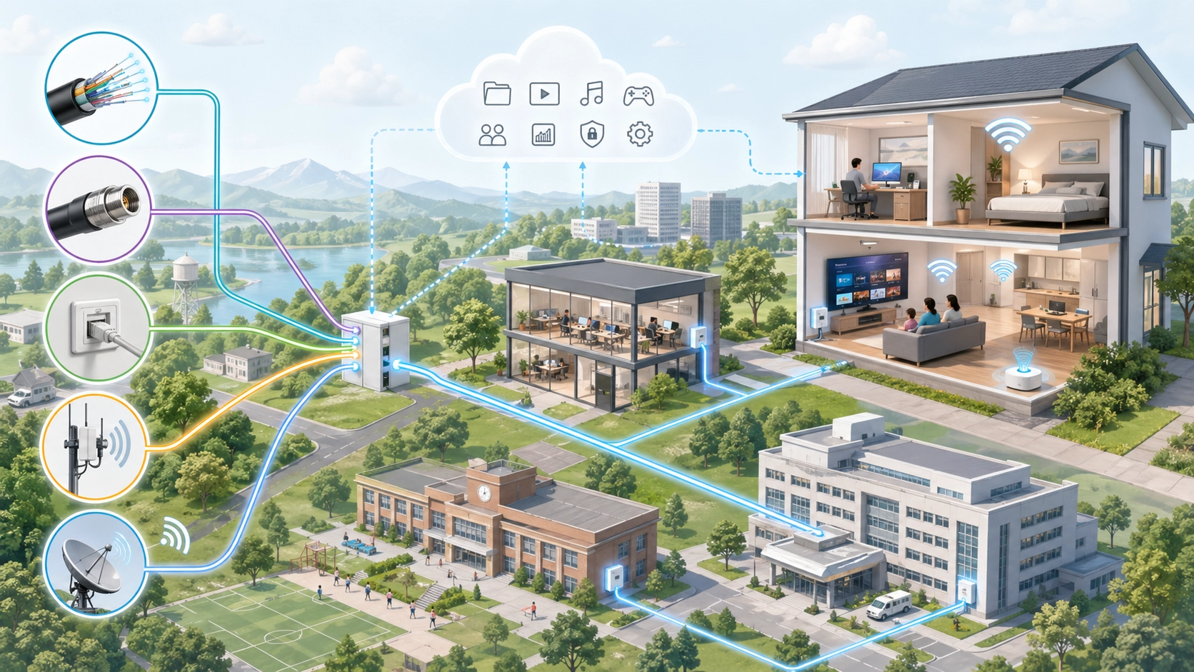 Fixed broadband network overview with fiber cable fixed wireless and home Wi-Fi connections