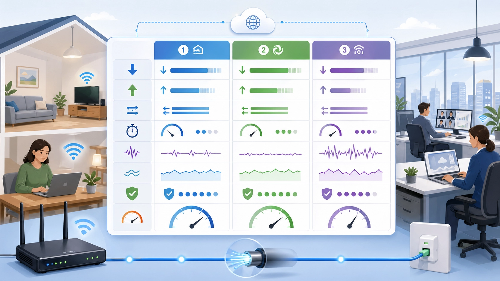 Fixed broadband comparison covering download speed upload speed latency consistency and network reliability