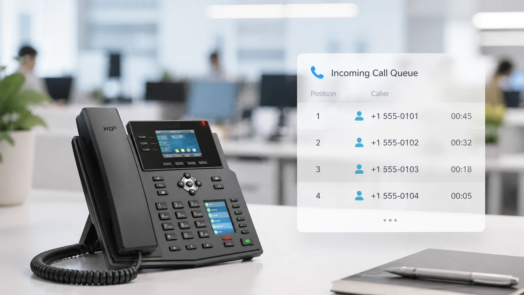 Call queue system organizing incoming business calls into a managed waiting flow before distribution to available agents