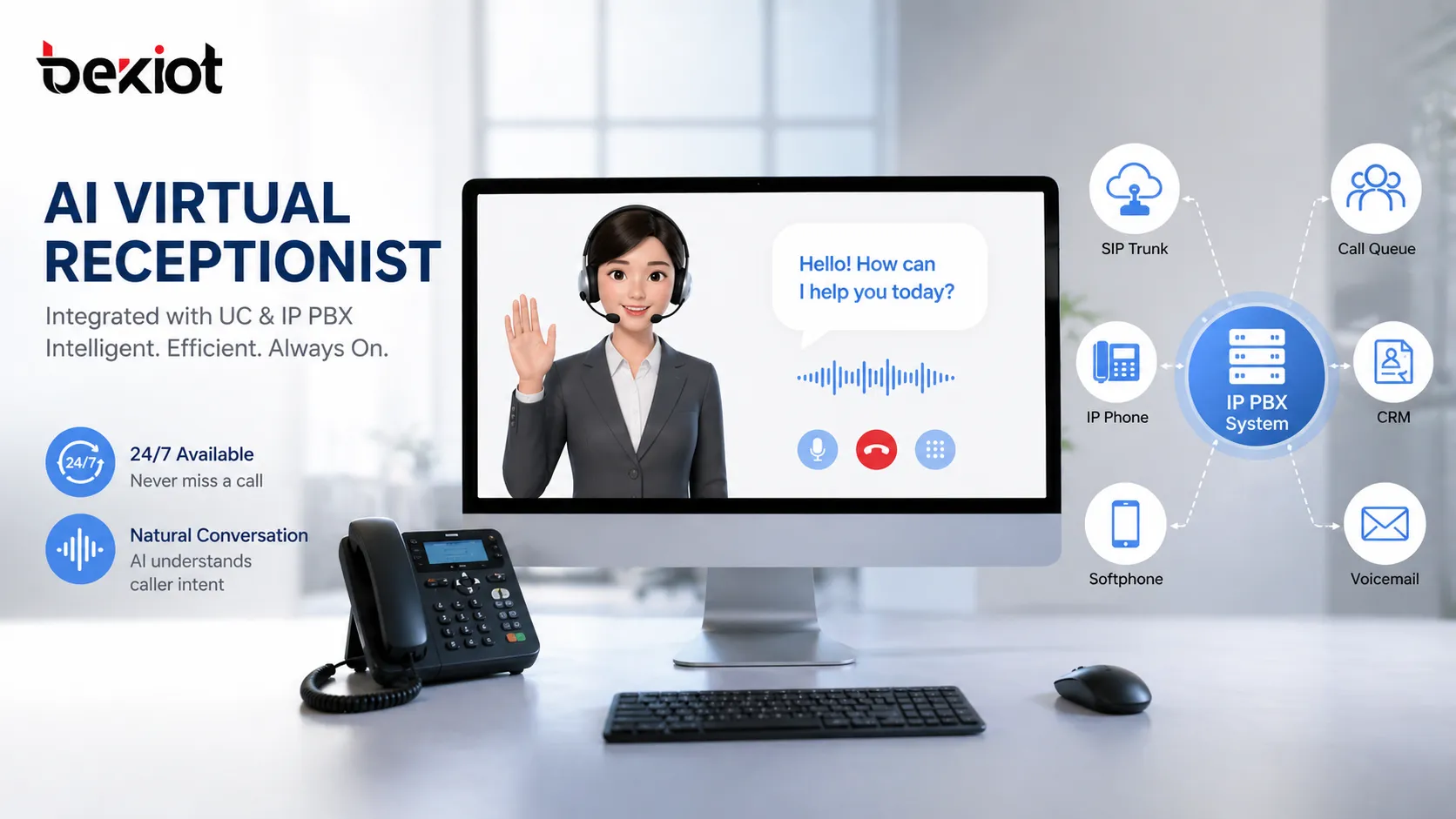 AI virtual receptionist integrated with UC and IP PBX system handling incoming calls SIP phones cloud PBX and intelligent routing in a modern communication environment