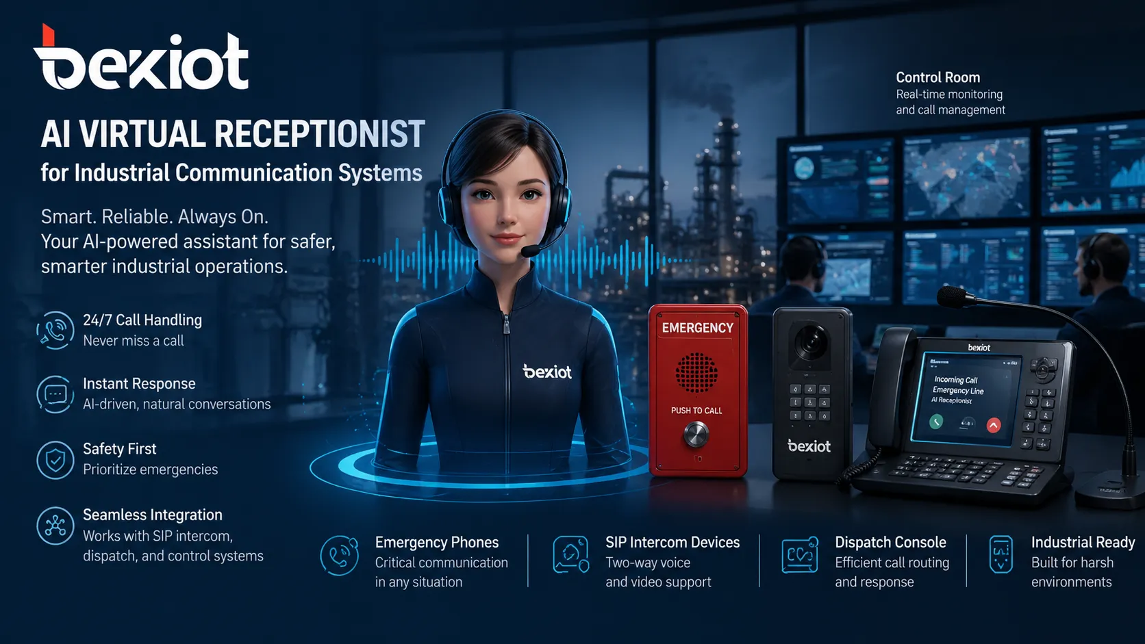 AI virtual receptionist supporting industrial communication system with emergency phones control room dispatch console and SIP intercom devices in a factory or infrastructure environment