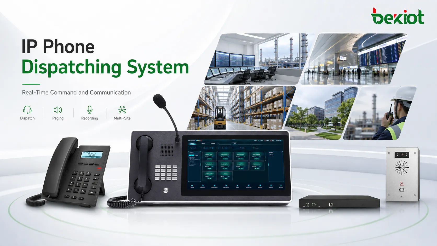 IP phone dispatching system connecting dispatch server, operator console, SIP phones, paging endpoints, and field communication terminals