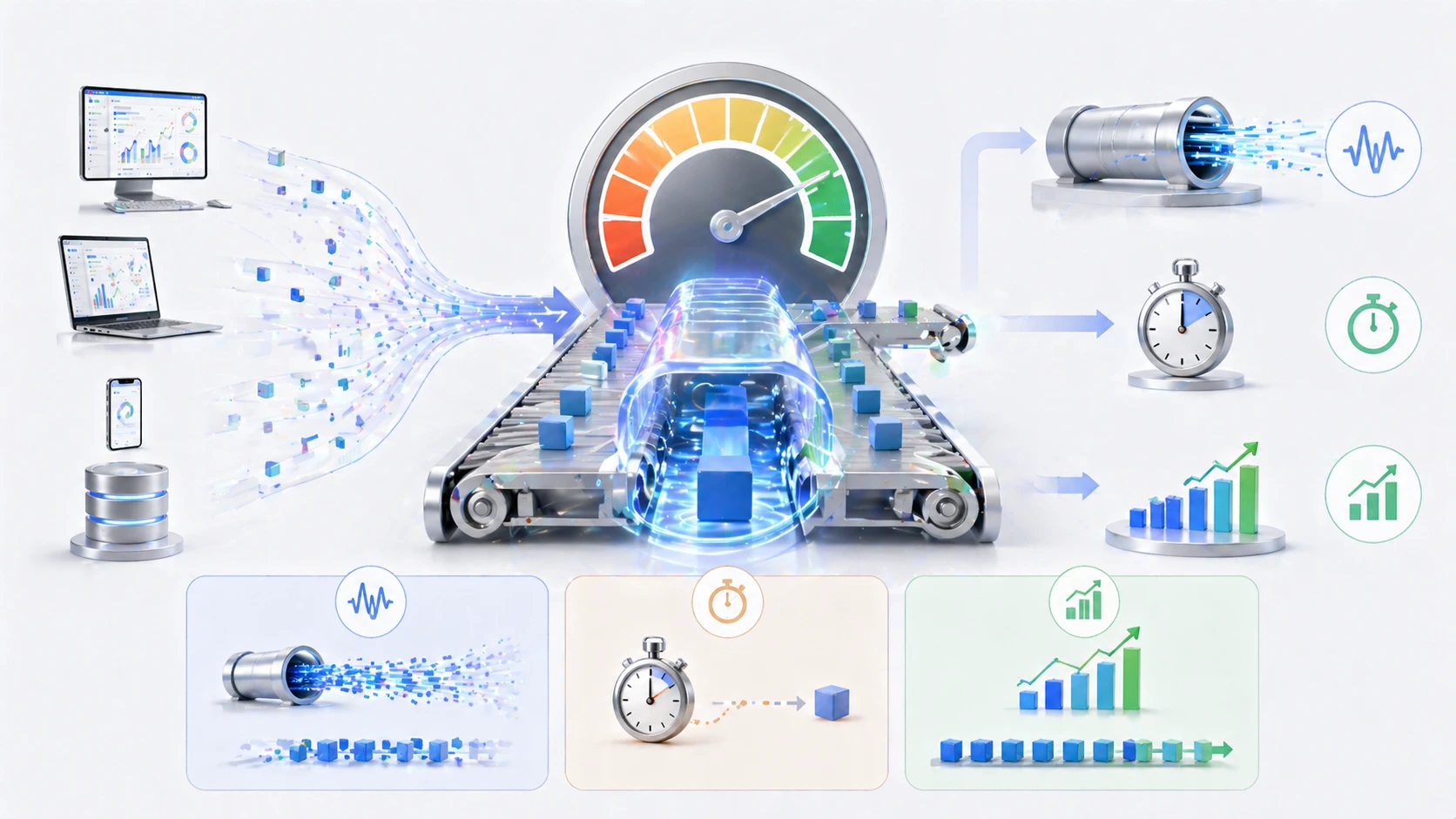 Throughput concept showing data traffic and completed system work flowing through a network and application environment