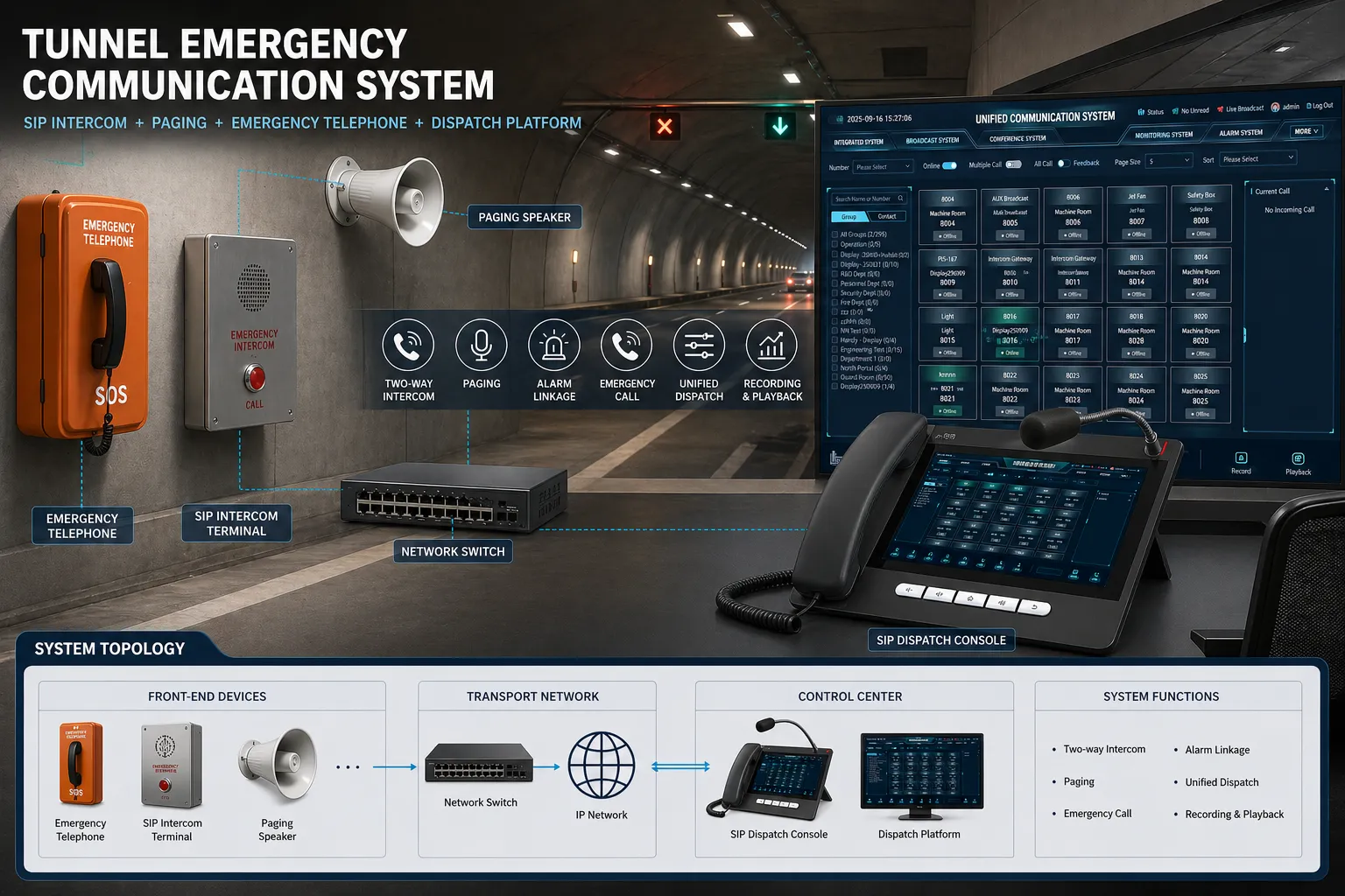 Tunnel emergency communication system with SIP intercom paging speakers emergency telephones and control room dispatch platform
