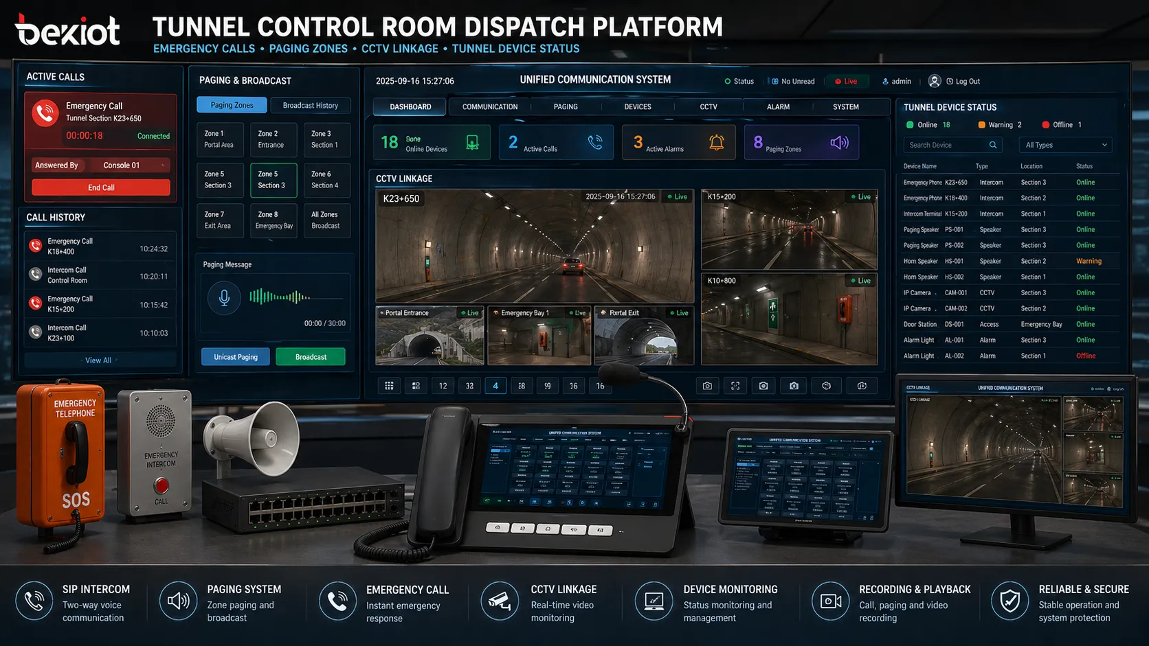Tunnel control room dispatch platform showing emergency calls paging zones CCTV video linkage and tunnel device status
