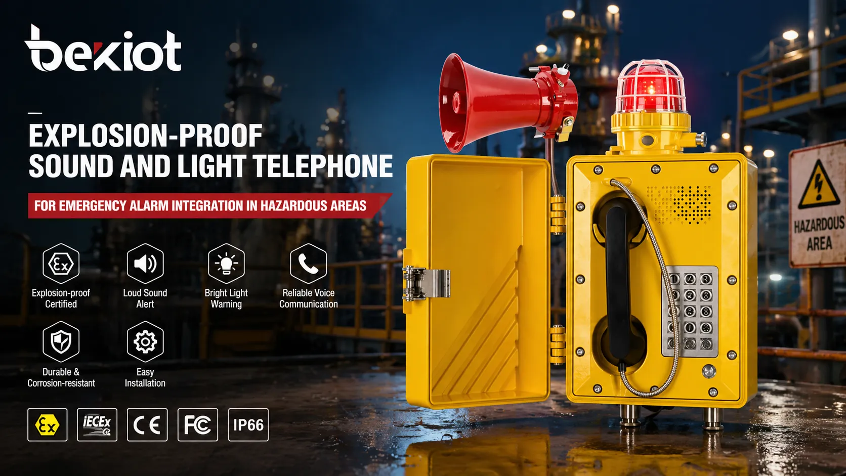 Explosion-proof sound and light telephone for emergency alarm integration in hazardous industrial areas