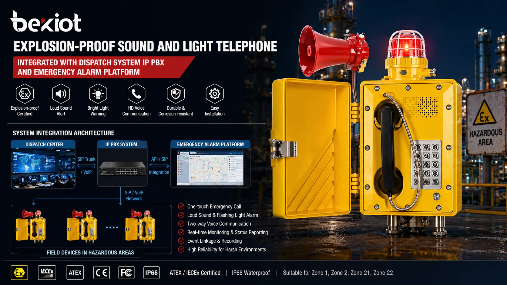 Explosion-proof sound and light telephone integrated with dispatch system IP PBX and emergency alarm platform