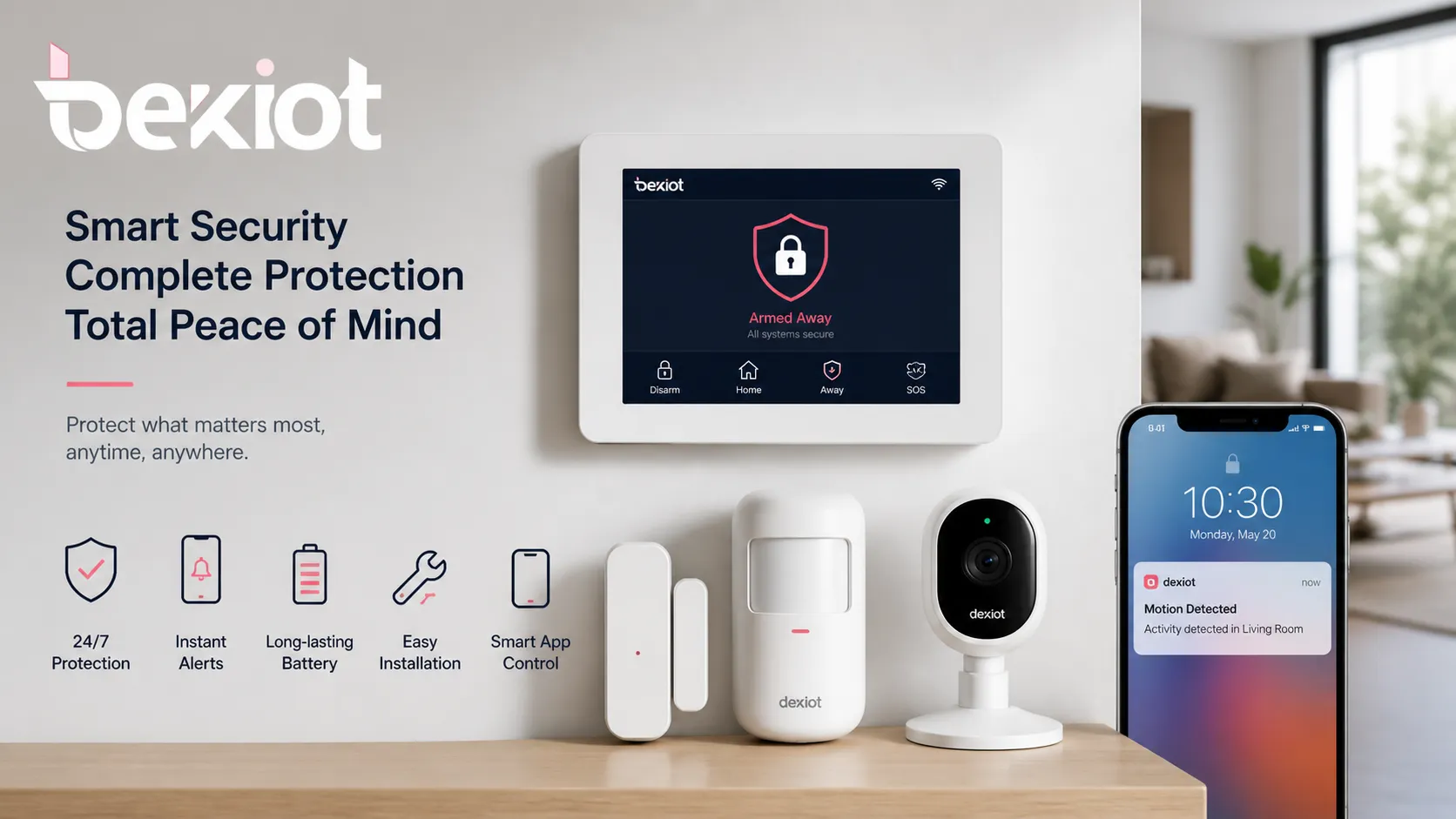 Modern home security alarm system with control panel door sensors motion detector camera and mobile alert function