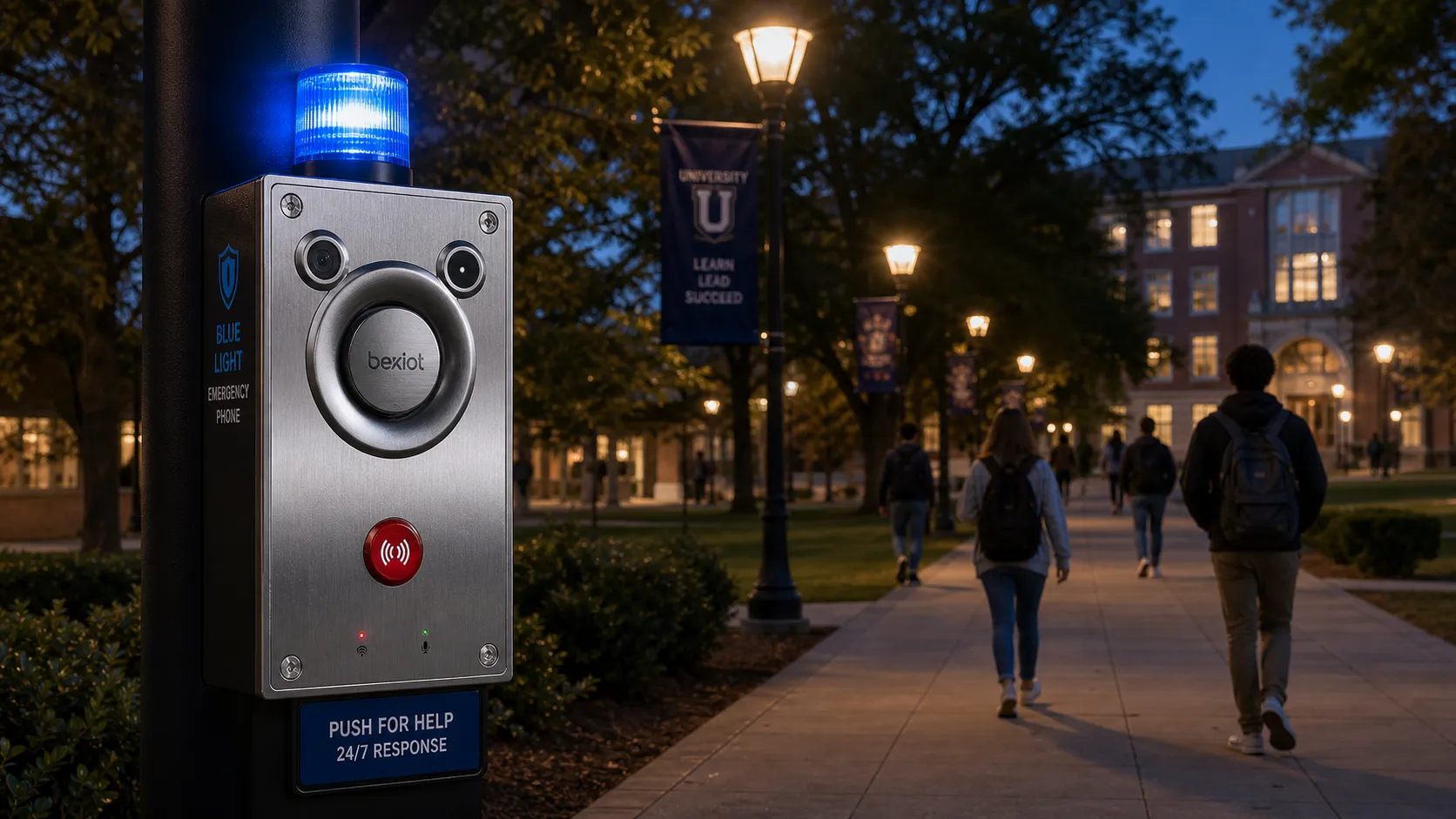 Blue light emergency phone installed on a university campus walkway for student safety communication