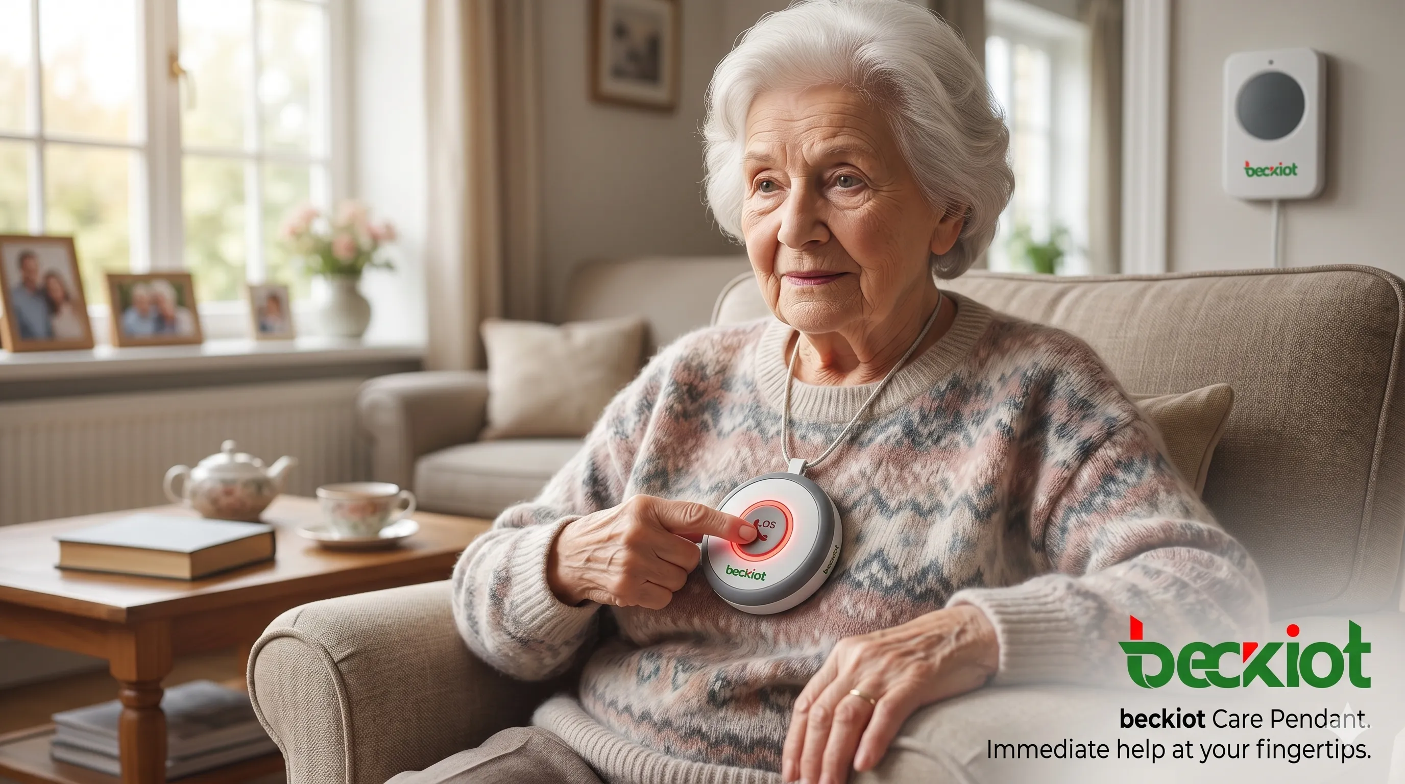 Elderly person pressing an emergency call button on a necklace pendant