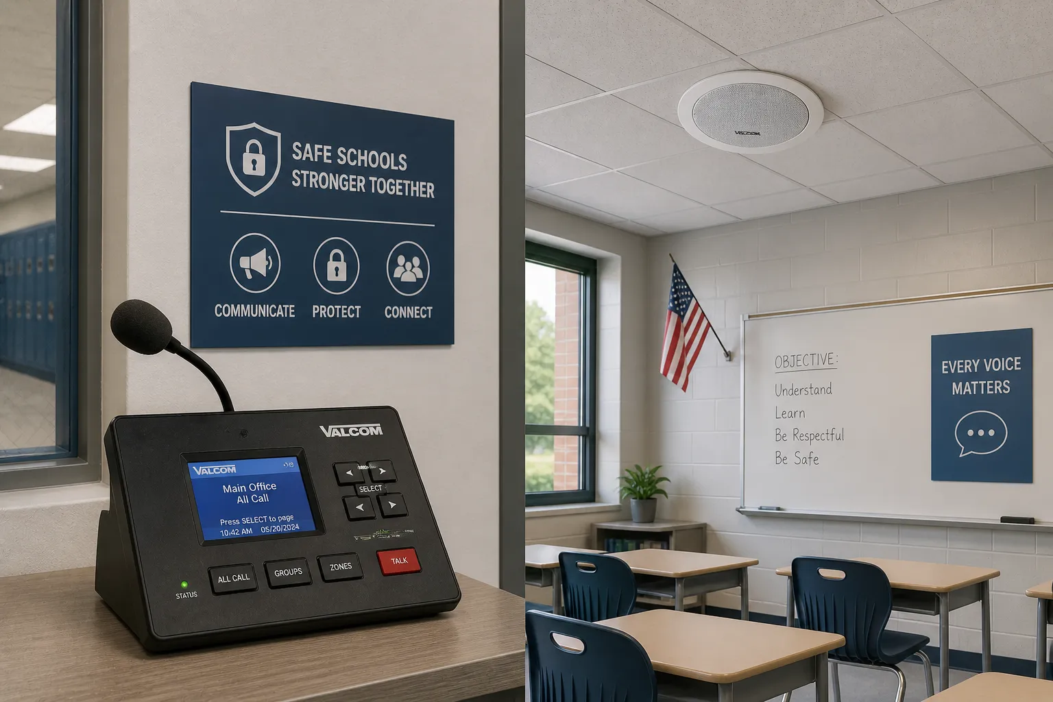 Valcom paging console and classroom speaker used for integrated school safety and daily communication