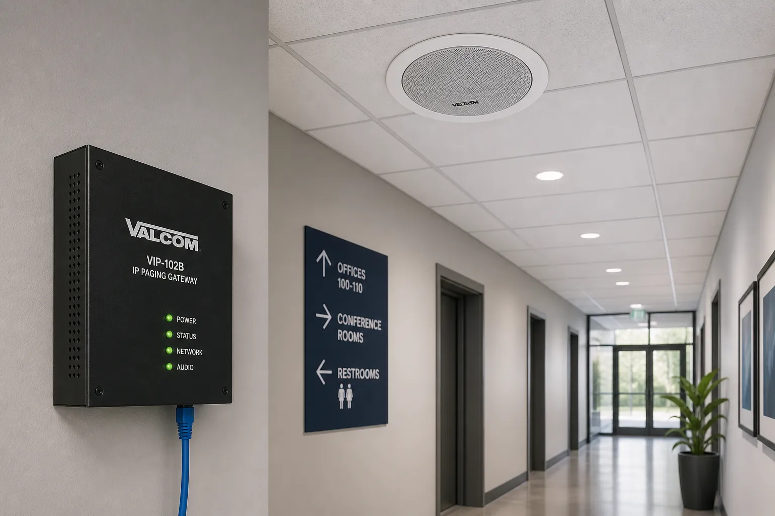 Valcom IP paging gateway and ceiling speaker mounted in a modern hallway for networked public address communication
