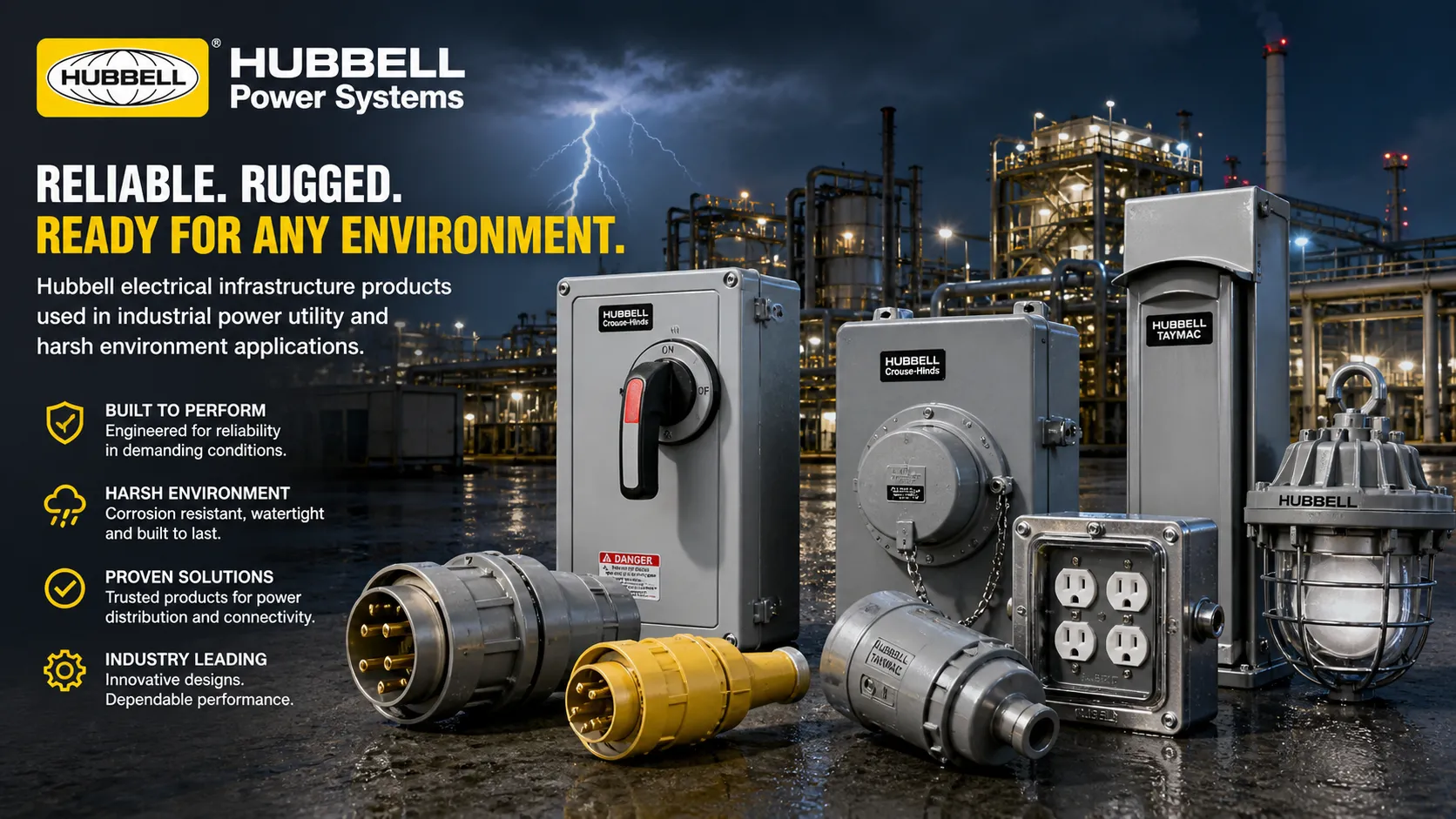 Hubbell electrical infrastructure products used in industrial power utility and harsh environment applications