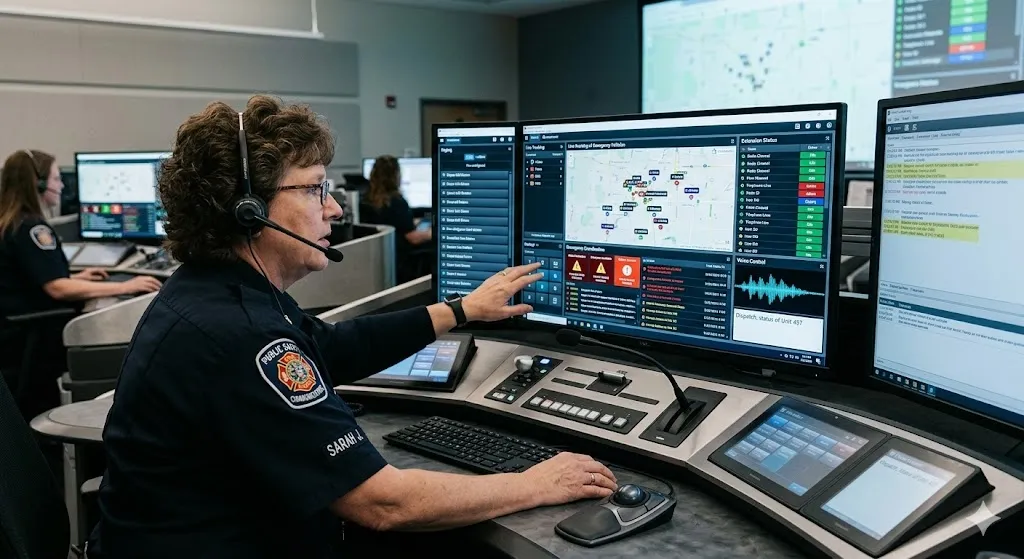 Multi-functional dispatch console showing real-time extension status, paging control, call operation, and emergency coordination interface