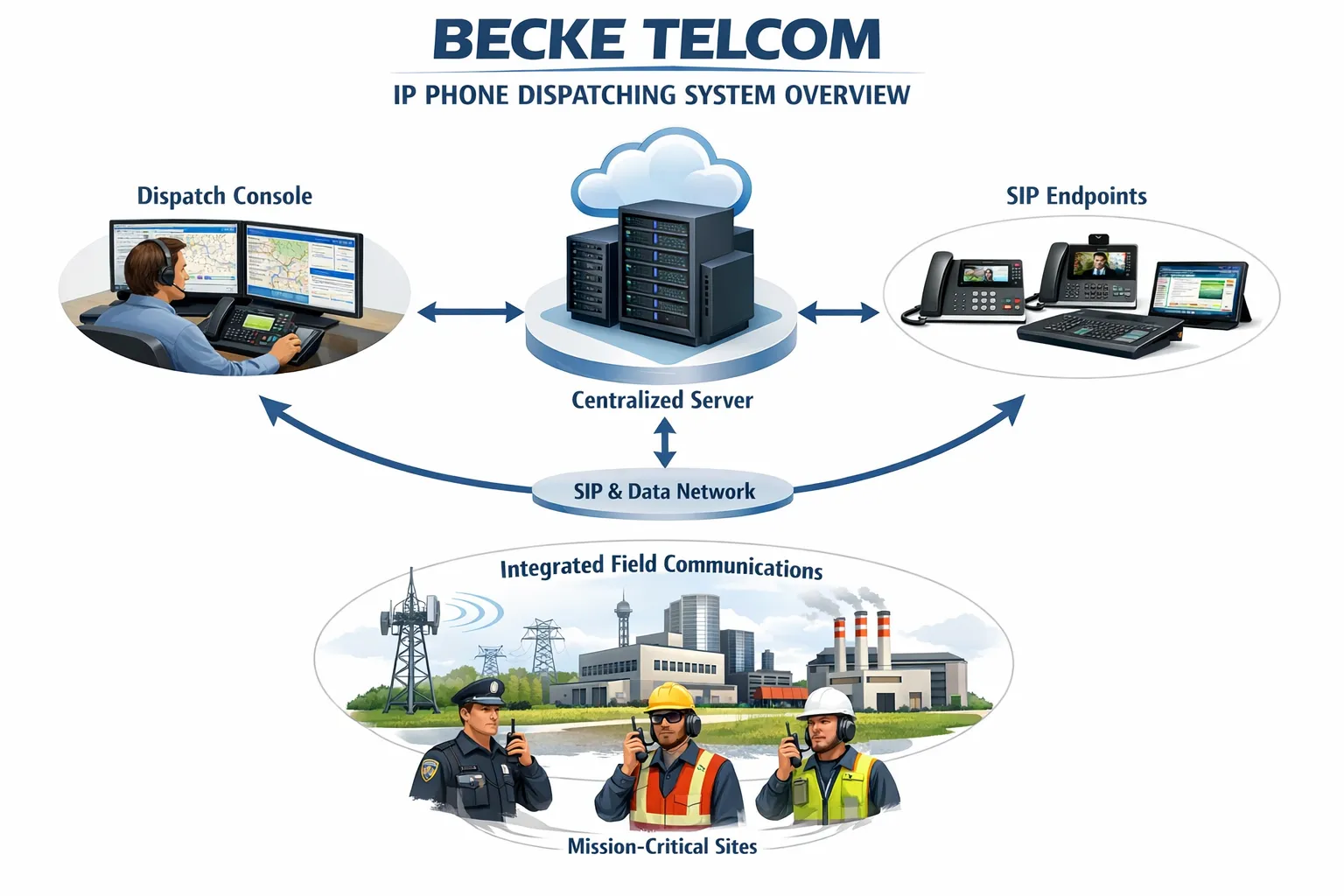 IP phone dispatching system overview with centralized server, dispatch console, SIP endpoints, and field communication across mission-critical sites