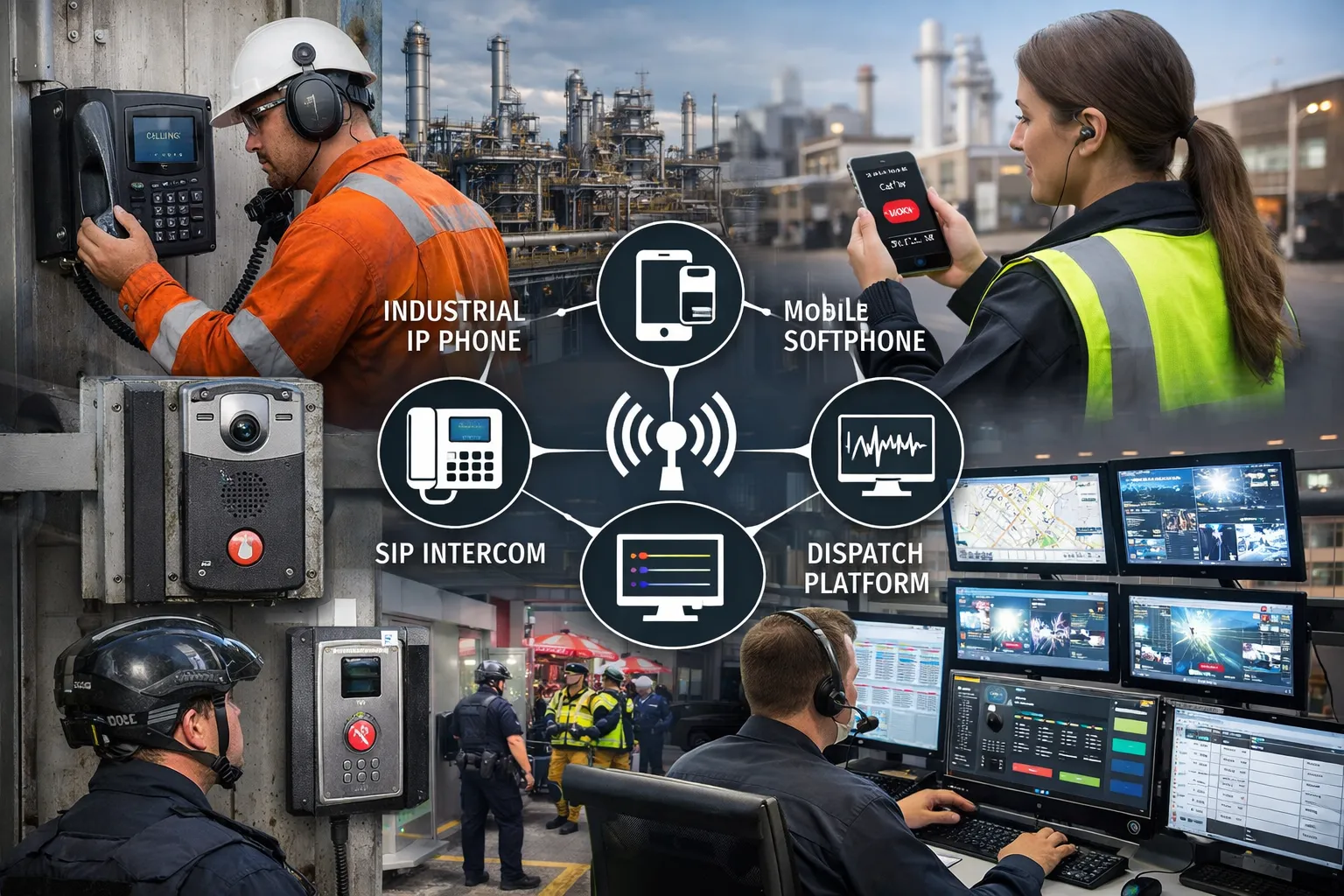 Mission-critical field communication with industrial IP phones, mobile softphones, SIP intercom terminals, and dispatch platform integration