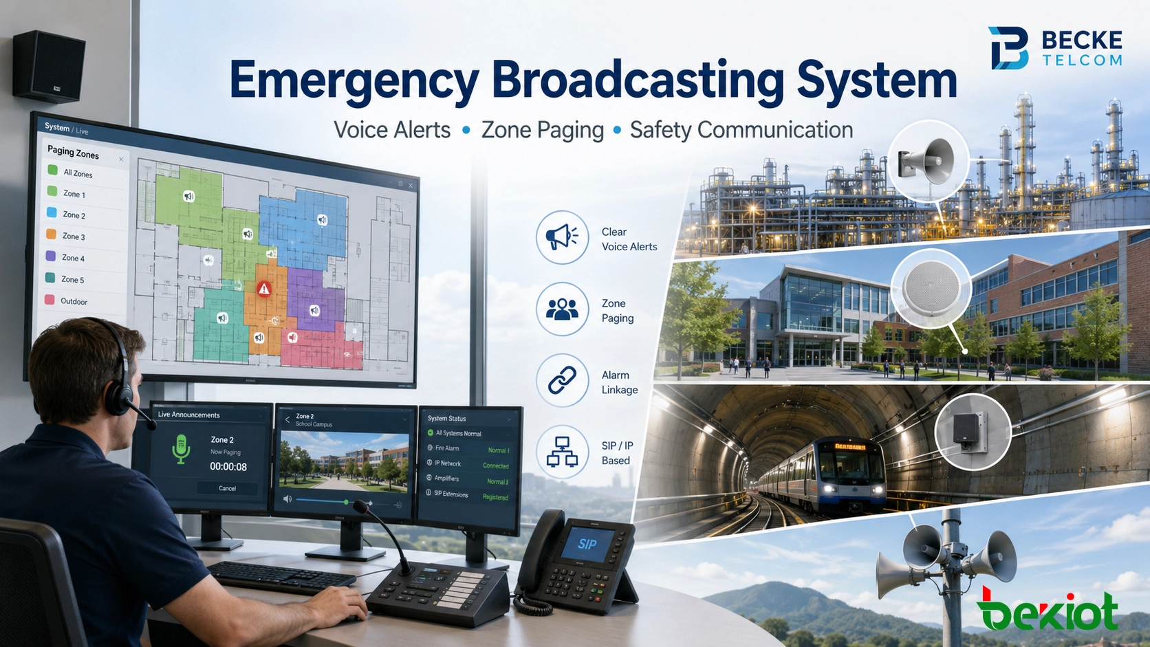 Emergency Broadcasting System for Voice Alerts, Zone Paging, and Safety Communication