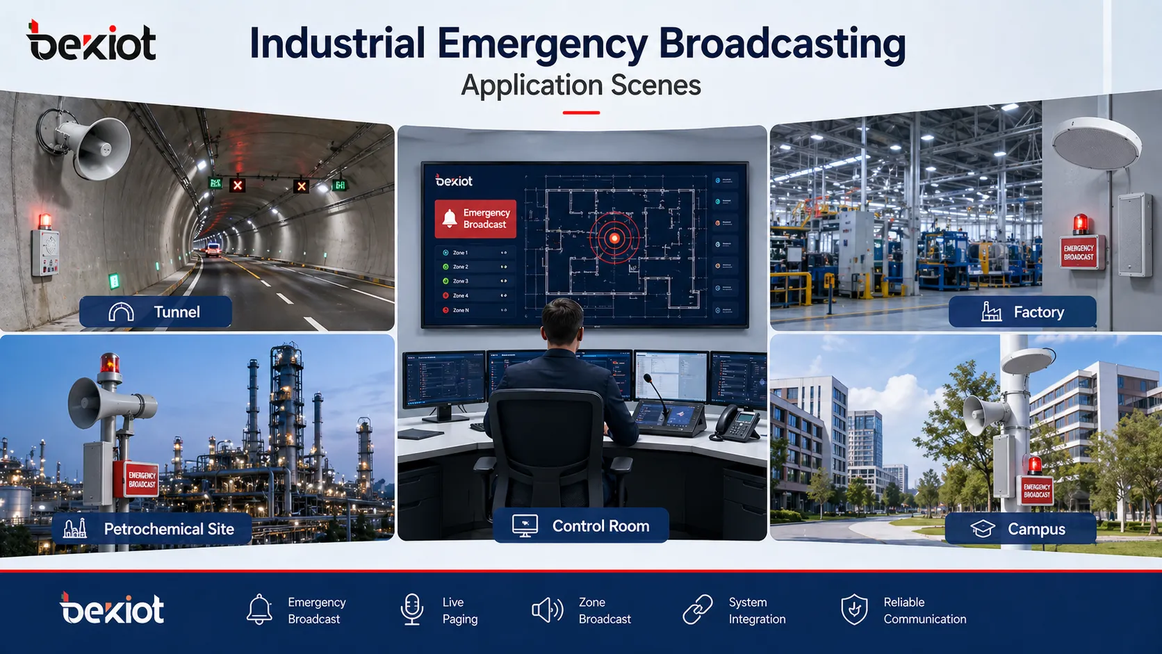 Industrial emergency broadcasting application scenes including tunnel factory petrochemical site campus and control room