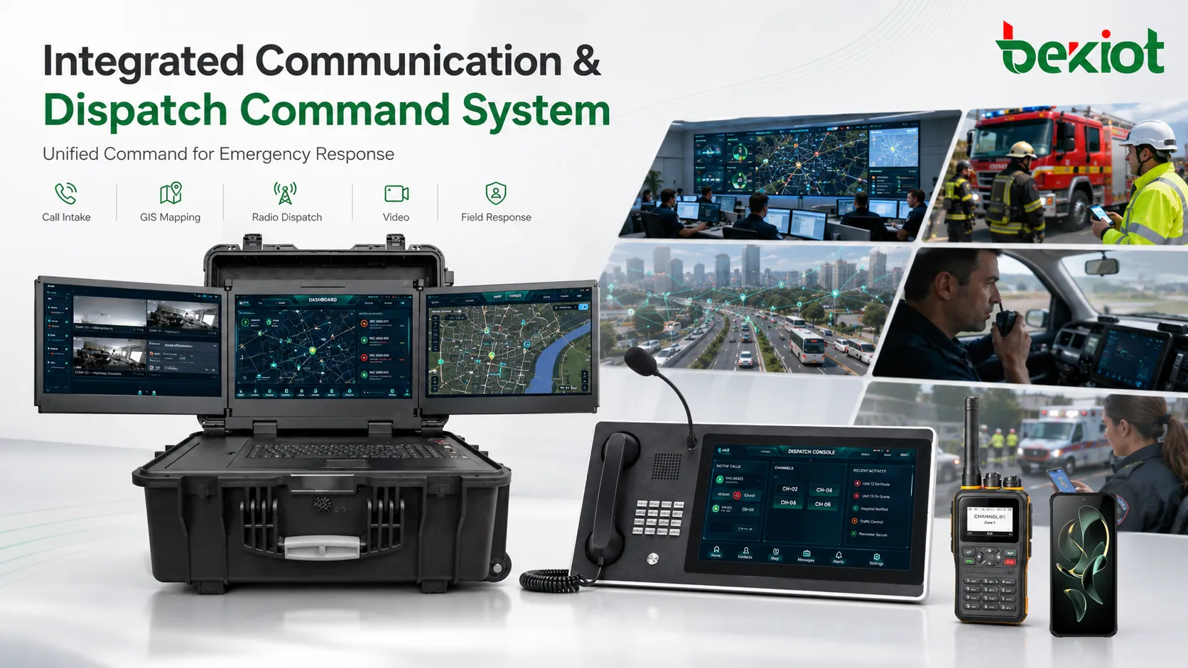 Integrated communication and dispatch command system connecting emergency call intake, GIS mapping, radio networks, dispatch consoles, and field response teams