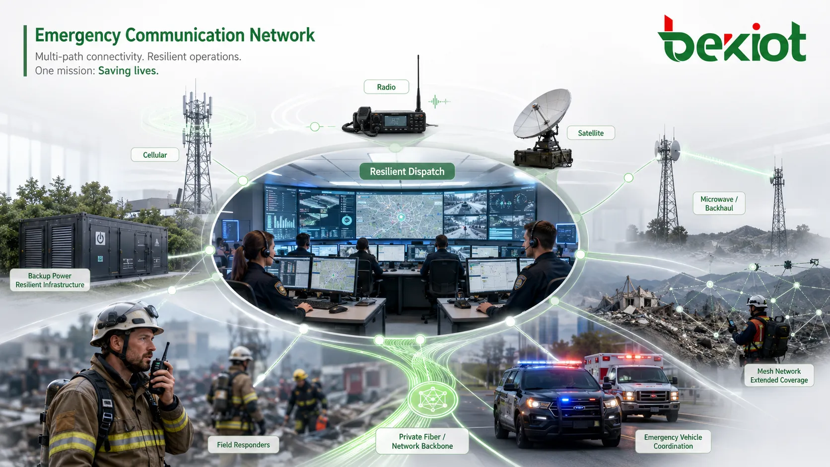 Emergency communication network using radio, cellular, satellite, broadband, private fiber, and backup power for resilient dispatch operation