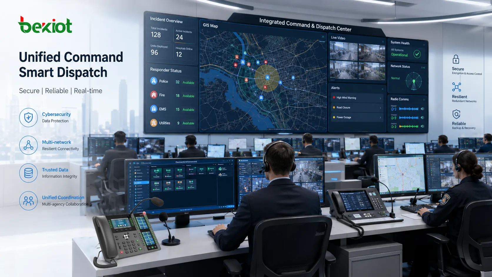Emergency command center GIS dashboard showing incident location, responder status, dispatch records, sensor alerts, and multi-agency coordination