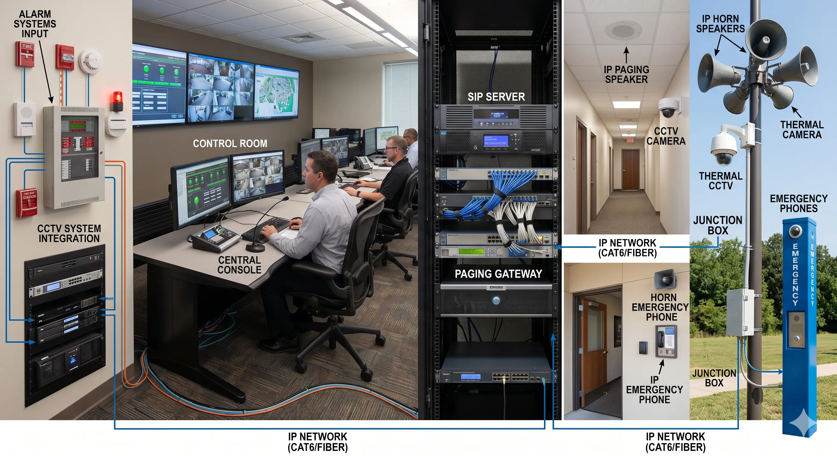 IP paging system architecture connecting control room SIP server paging speakers horn speakers emergency phones CCTV and alarm systems