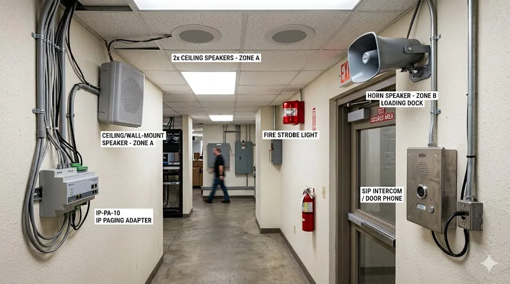 Different paging system devices including ceiling speakers wall speakers horn speakers strobe lights SIP intercoms and IP paging adapters