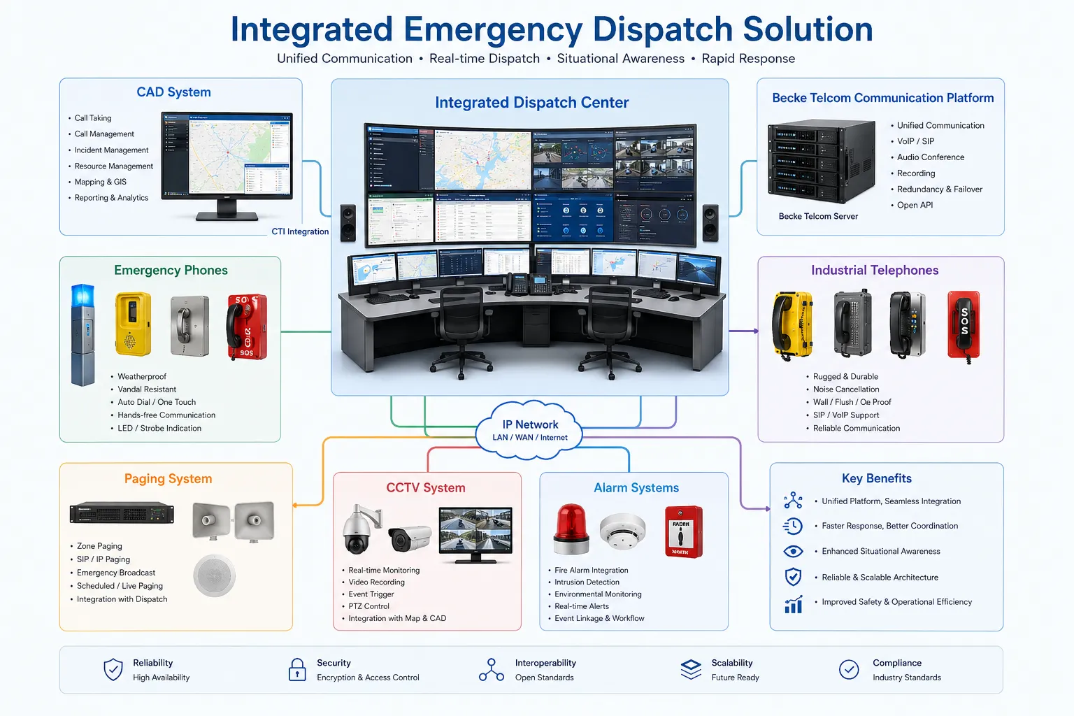 Integrated emergency dispatch solution with CAD system Becke Telcom communication platform emergency phones industrial telephones paging CCTV and alarm systems