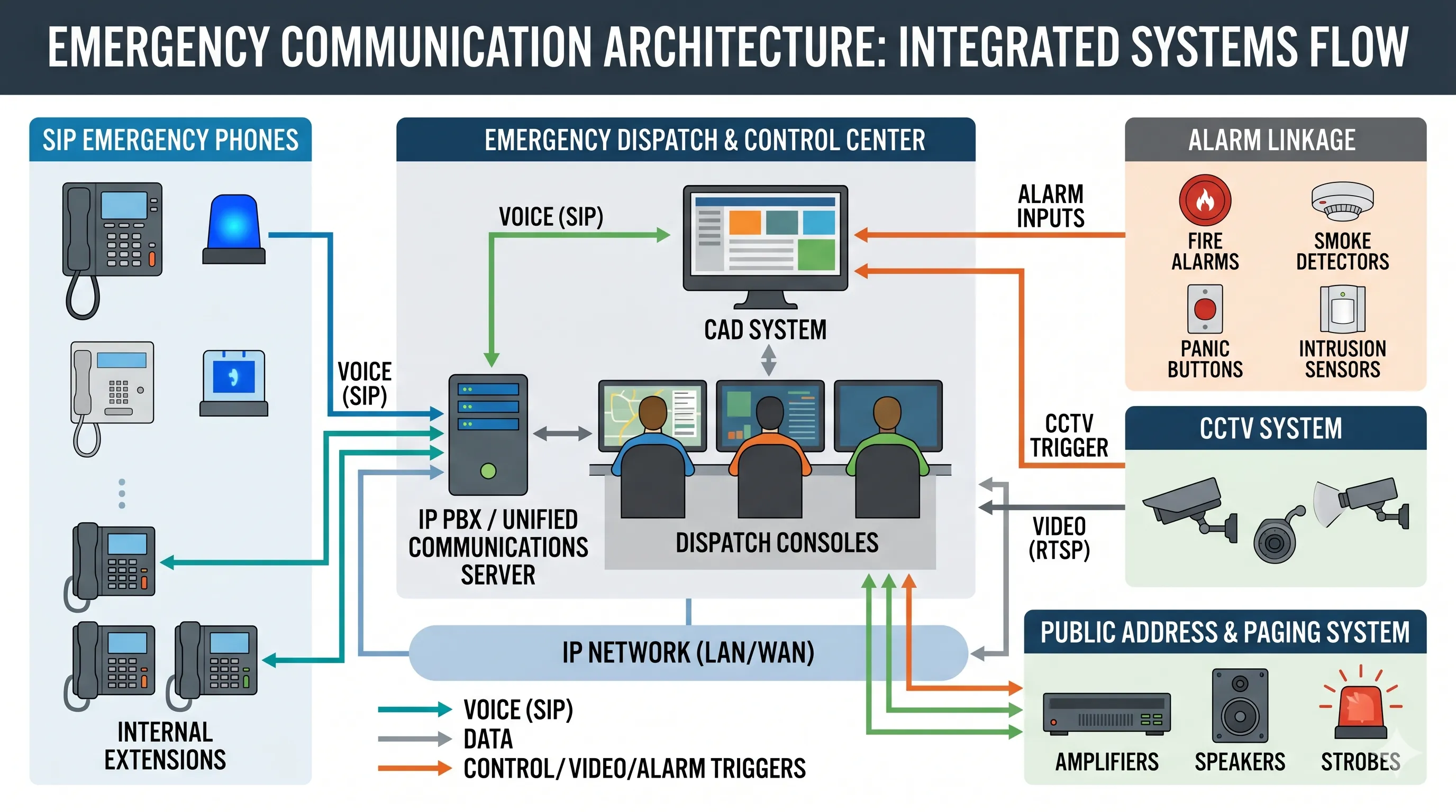 Computer aided dispatch control room coordinating emergency calls responders CCTV alarms and communication systems