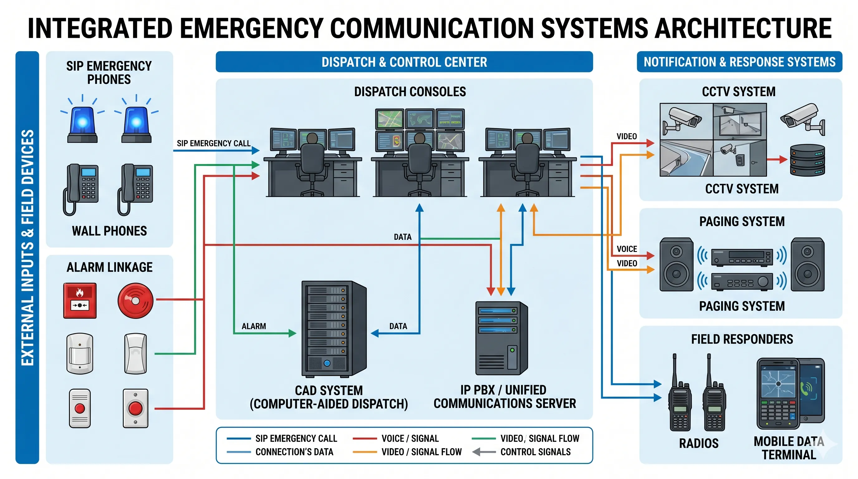 Emergency communication architecture connecting CAD system SIP emergency phones IP PBX dispatch console CCTV paging and alarm linkage