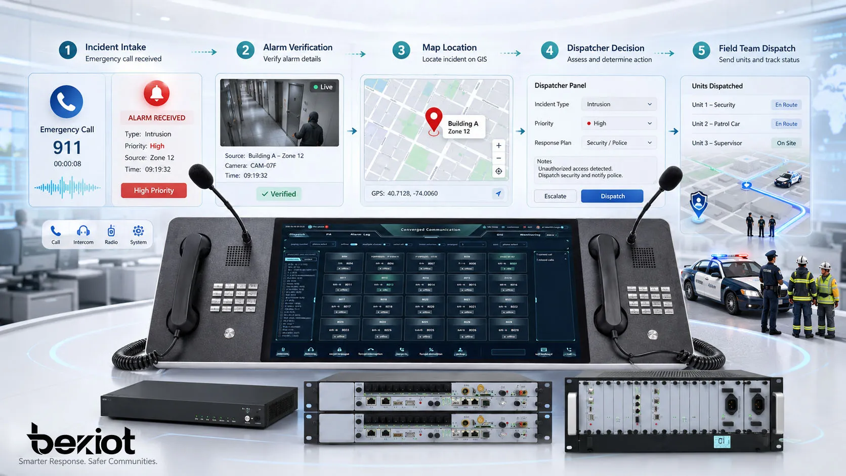 Emergency command workflow showing incident intake alarm verification map location dispatcher decision and field team dispatch