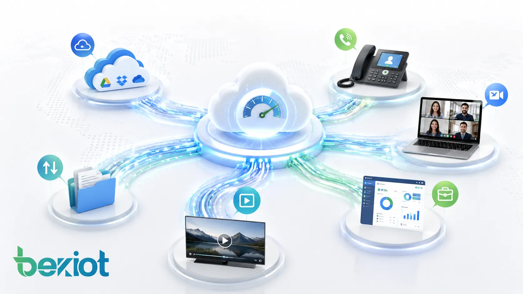 Bandwidth overview showing network capacity shared by cloud services VoIP video meetings file transfer streaming and business applications