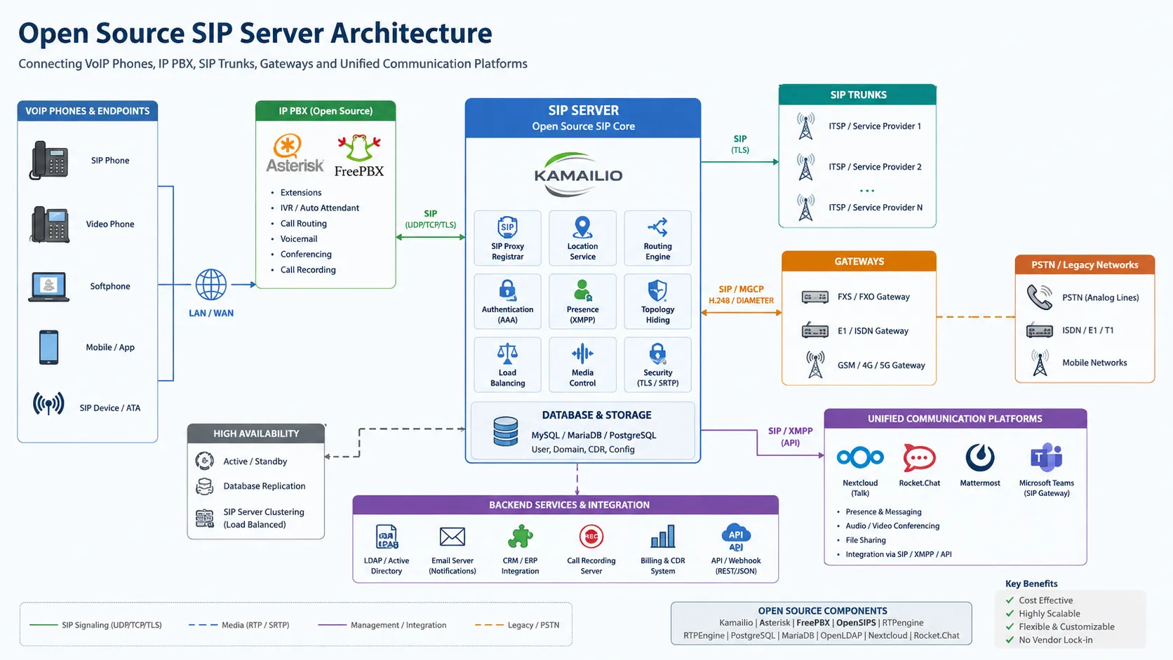 Open source SIP server architecture connecting VoIP phones IP PBX SIP trunks gateways and unified communication platforms